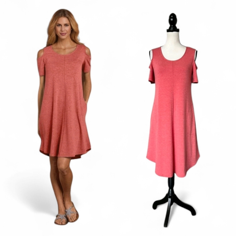 SOFT SURROUNDINGS Coral Short Sleeve Cold-Shoulder Swing Midi Dress L Flowy